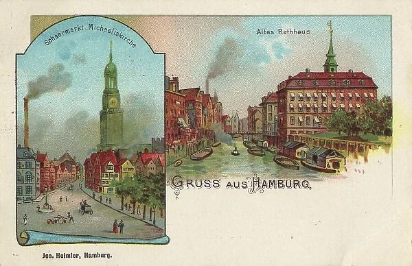 Schaermarkt with St. Michaels church and old town hall, Hamburg, Germany, postcard with text, view around ca 1910, historical, digital reproduction of a historical postcard, public domain, from that time, exact date unknown