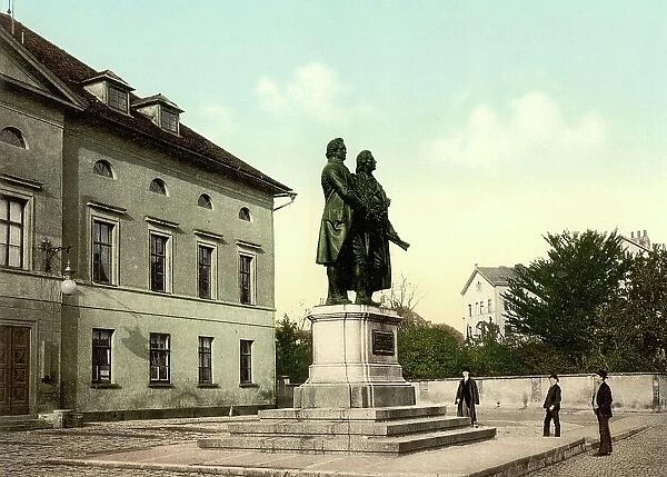 Schiller and Goethe Monument in Weimar, Thuringia, Germany, Historical, digitally restored reproduction of a photochrome print from the 1890s