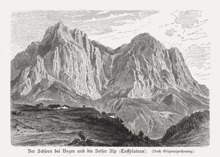 Framed Print : Schlern and Tuffalm (VAols), Dolomiti, Italy, woodcut, published 1897 Framed Print : Schlern and Tuffalm (VAols), Dolomiti, Italy, woodcut, published 1897