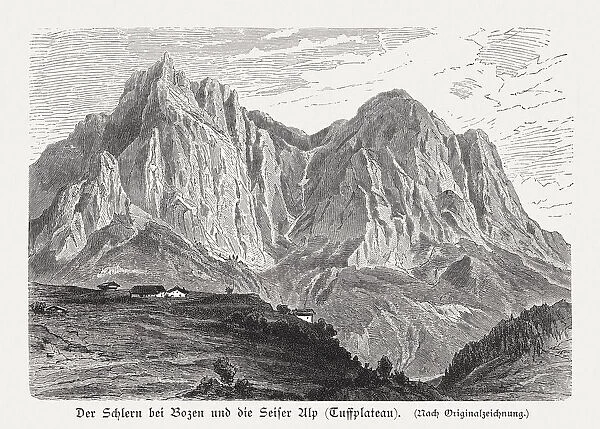 Schlern and Tuffalm (VAols), Dolomiti, Italy, woodcut, published 1897