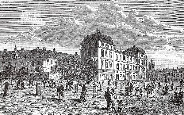 The Schlossplatz in Darmstadt in 1880, Hesse, Germany, Historic, digitally restored reproduction of an original 19th century painting, exact original date not known