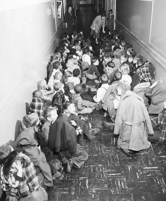 Framed Print : School Children In Hall In Air Raid Posi Framed Print : School Children In Hall In Air Raid Posi