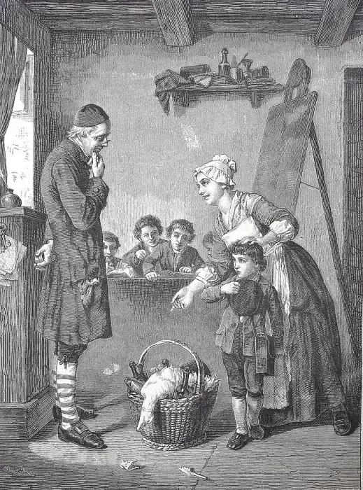 Framed Print : At school, in the classroom, with teachers and pupils, a mother has brought a present, a basket with a slaughtered duck and bottles of beer, c. 1885, Germany, Historic, digitally restored reproduction of a 19th century original Framed Print : At school, in the classroom, with teachers and pupils, a mother has brought a present, a basket with a slaughtered duck and bottles of beer, c. 1885, Germany, Historic, digitally restored reproduction of a 19th century original