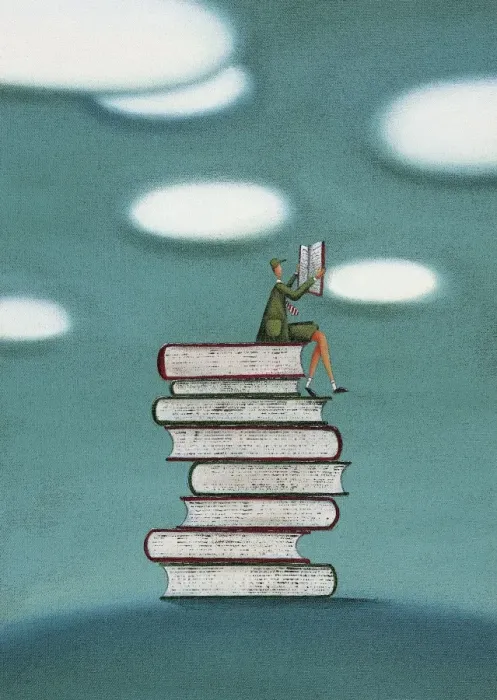 Framed Print : Schoolboy Sitting on a Stack of Books Reading