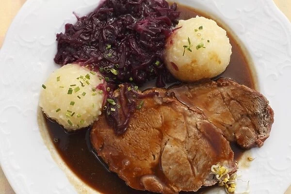 Schweinsbraten, roast pork with dumplings and red cabbage, Upper Bavaria, Bavaria, Germany, Europe