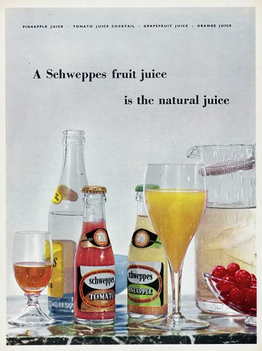 Framed Print : Schweppes. 1956: Advertisement for Schweppes fruit juice with the caption Framed Print : Schweppes. 1956: Advertisement for Schweppes fruit juice with the caption