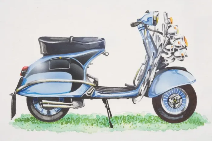 Framed Print : Scooter with many lights on front, side view Framed Print : Scooter with many lights on front, side view
