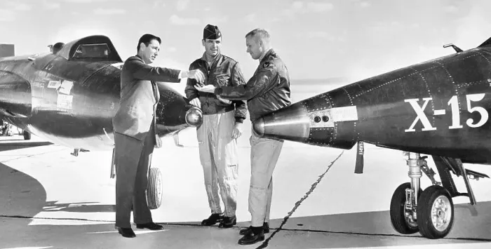 Framed Print : Scott Crossfield Giving Keys to Neil Armstrong Framed Print : Scott Crossfield Giving Keys to Neil Armstrong