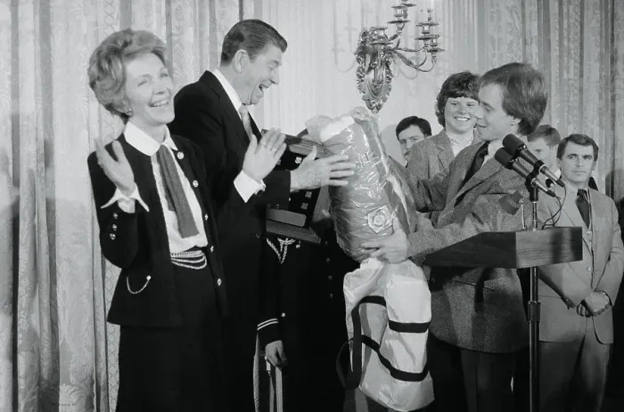 Framed Print : Scott Hamilton Presenting Jacket to President Reagan Framed Print : Scott Hamilton Presenting Jacket to President Reagan