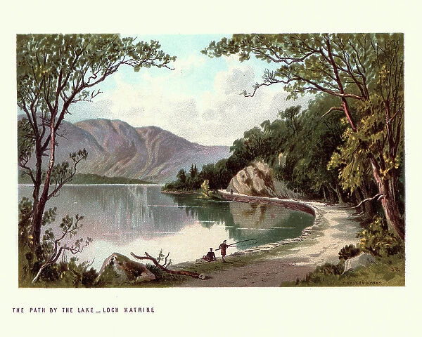 Scottish landscape, Path by Lake, Loch Katrine, Scotland. 19th Century