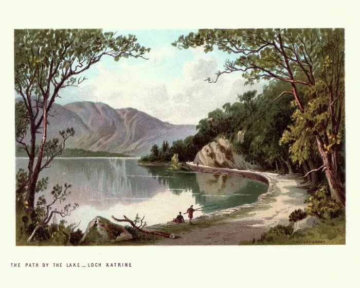 Framed Print : Scottish landscape, Path by Lake, Loch Katrine, Scotland. 19th Century Framed Print : Scottish landscape, Path by Lake, Loch Katrine, Scotland. 19th Century