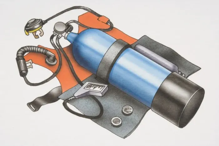 Framed Print : Scuba diving jacket complete with oxygen tank, straps and pipes, side view Framed Print : Scuba diving jacket complete with oxygen tank, straps and pipes, side view