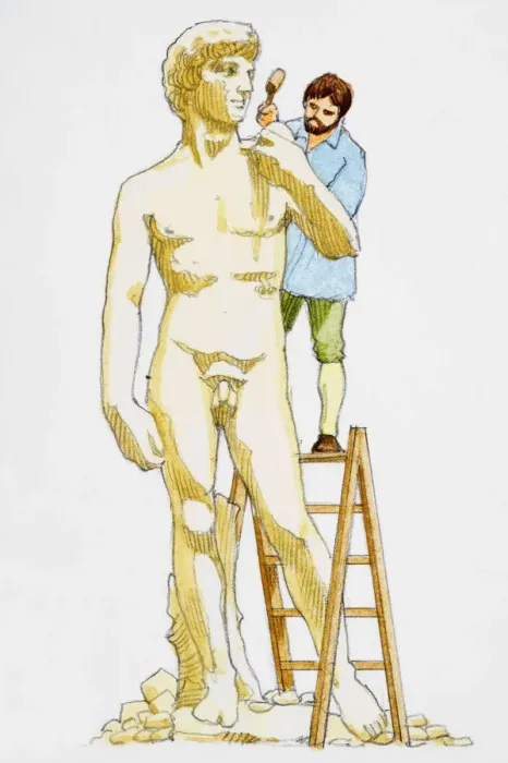 Framed Print : Sculptor adding finishing touches to monumental statue of nude man Framed Print : Sculptor adding finishing touches to monumental statue of nude man