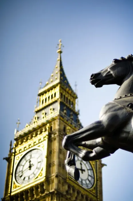 Framed Print : Sculpture and Big Ben tower in London Framed Print : Sculpture and Big Ben tower in London