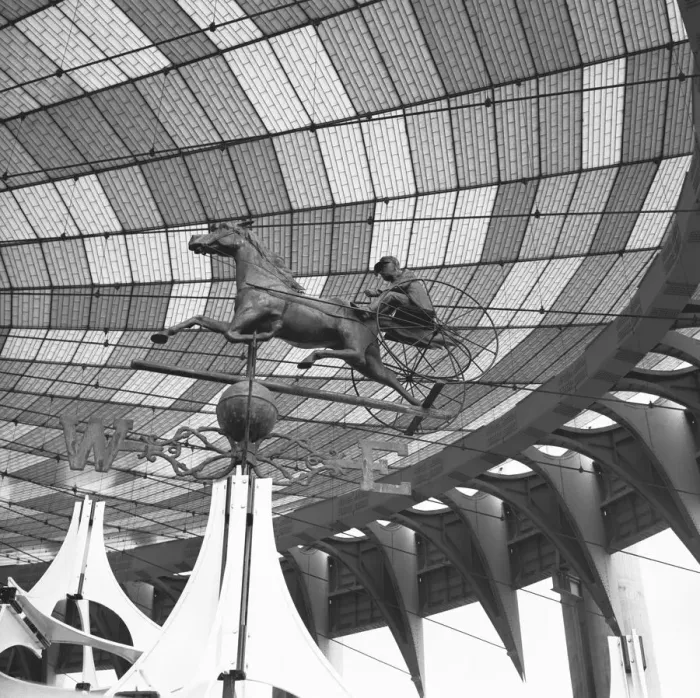 Framed Print : Sculpture of chariot under glazed roof, (B&W), low angle view