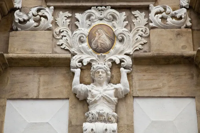 Framed Print : Sculpture On The Facade Of An Old Building Framed Print : Sculpture On The Facade Of An Old Building