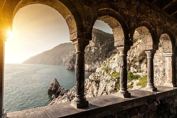 Sea viewed through arches, Portovenere, Cinque Terre, Liguria, Italy