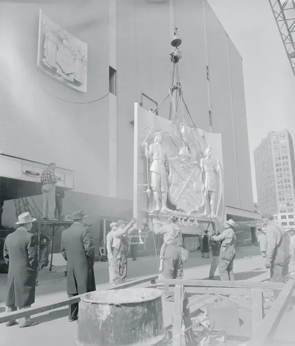 Framed Print : Seal of the City of New York Being Hoisted Onto the New York Coliseum Framed Print : Seal of the City of New York Being Hoisted Onto the New York Coliseum