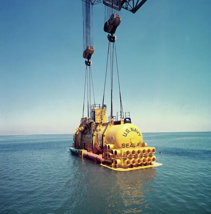 Framed Print : Sealab 3 Being Lowered Into Ocean Framed Print : Sealab 3 Being Lowered Into Ocean