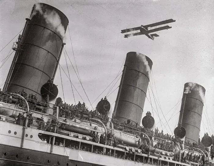 Framed Print : Seaplane Flying Over a Liner