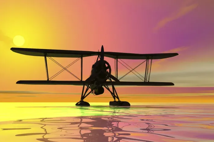 Framed Print : Seaplane landing, silhouette, 3D graphics Framed Print : Seaplane landing, silhouette, 3D graphics