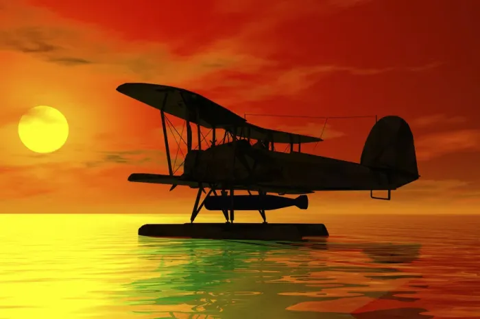 Framed Print : Seaplane landing at sunset, silhouette, 3D graphics Framed Print : Seaplane landing at sunset, silhouette, 3D graphics