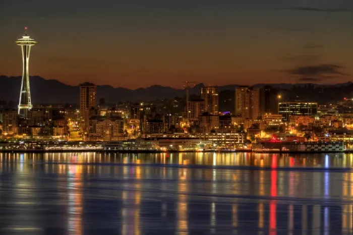 Framed Print : Seattle downtown skyline from alki beach dawn Framed Print : Seattle downtown skyline from alki beach dawn