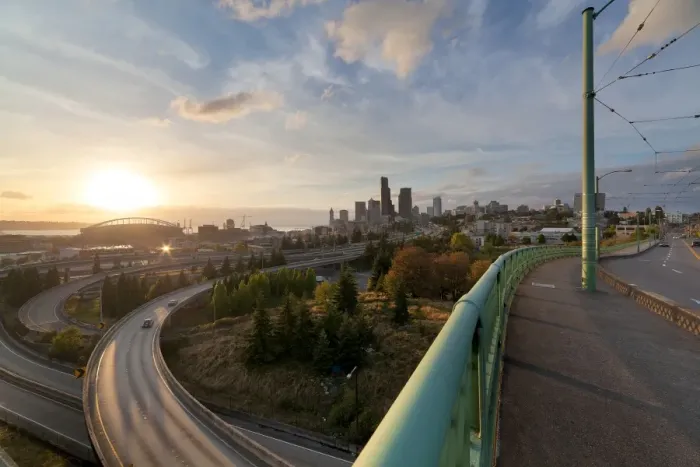 Framed Print : Seattle Skyline and Freeways at Sunset Framed Print : Seattle Skyline and Freeways at Sunset
