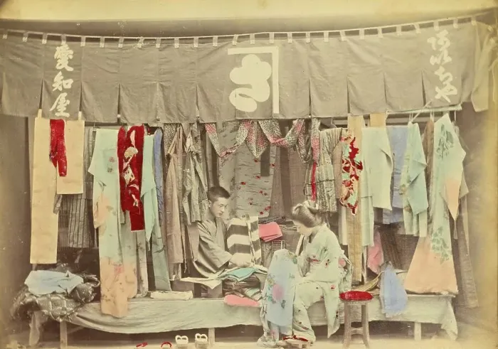 Framed Print : Second-hand clothing shop, c. 1870, Japan, Historic, digitally restored reproduction from an original of the period