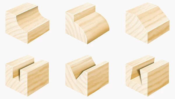 Sections of wood cut into different shapes with groove and edge cutters