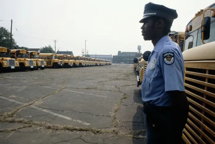 Framed Print : Security Guard With School Buses Framed Print : Security Guard With School Buses