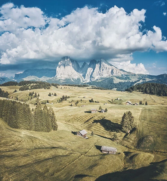 Seiser Alm at sunset, Alpe di Siusi. Aerial view, Summer in the Dolomites Alps