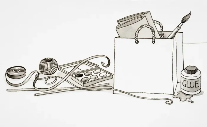 Framed Print : Selection of art materials, sticky tape, spool of string, water colours, paint brush, and pot of glue Framed Print : Selection of art materials, sticky tape, spool of string, water colours, paint brush, and pot of glue
