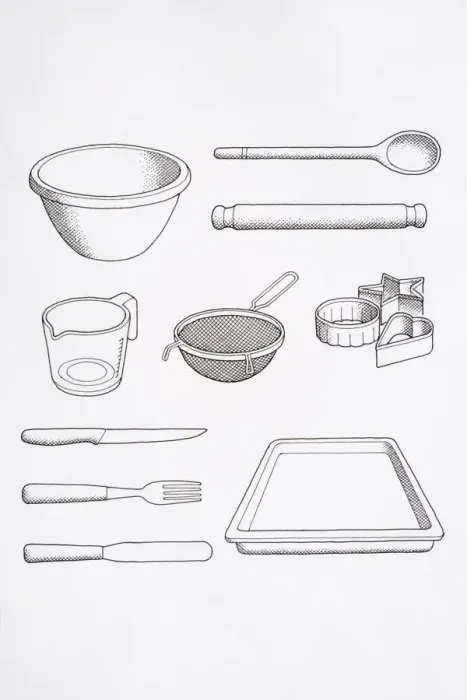 Framed Print : Selection of cooks utensils, including mixing bowl, spoon, rolling pin, knife, fork, palette knife, baking tray, biscuit cutters, and sieve Framed Print : Selection of cooks utensils, including mixing bowl, spoon, rolling pin, knife, fork, palette knife, baking tray, biscuit cutters, and sieve
