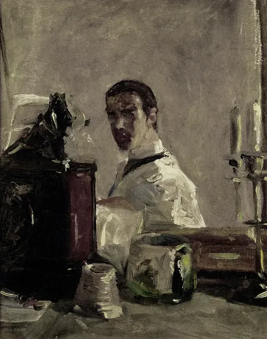 Framed Print : Self-portrait in front of a mirror. Artist: Toulouse-Lautrec, Henri, de (1864-1901)