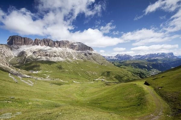 Sellastock mountain seen from Pordoijoch or Pordoi Pass, Pordoijoch, Dolomiten, South Tyrol province, Trentino-Alto Adige, Italy