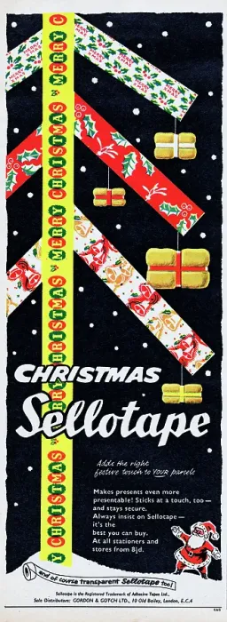 Framed Print : Sellotape. 1956: Advertisement for Sellotape adhesive tape showing the Framed Print : Sellotape. 1956: Advertisement for Sellotape adhesive tape showing the