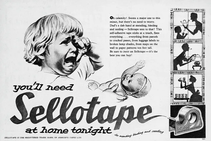Framed Print : Sellotape. 1956: Advertisement for Sellotape adhesive tape showing a young Framed Print : Sellotape. 1956: Advertisement for Sellotape adhesive tape showing a young