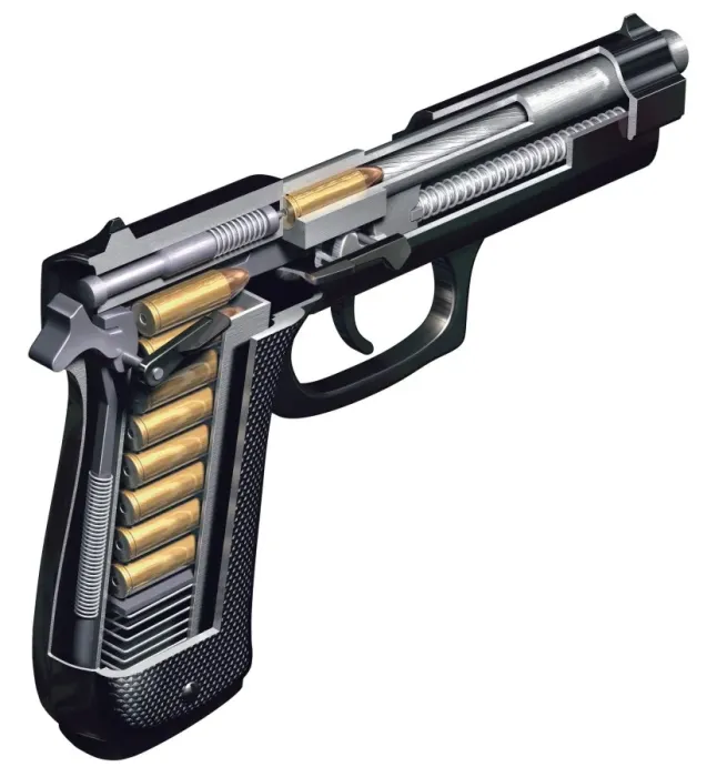 Framed Print : Semi-automatic pistol, cutaway illustration Framed Print : Semi-automatic pistol, cutaway illustration
