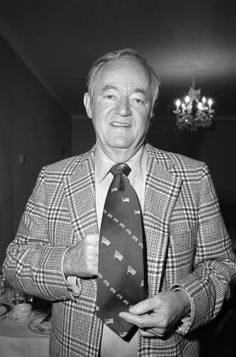 Framed Print : Senator Humphrey Wearing Bicentennial Tie Framed Print : Senator Humphrey Wearing Bicentennial Tie