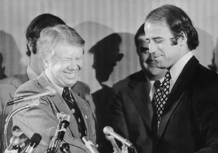 Framed Print : Senator Joe Biden and President Carter at News Conference Framed Print : Senator Joe Biden and President Carter at News Conference