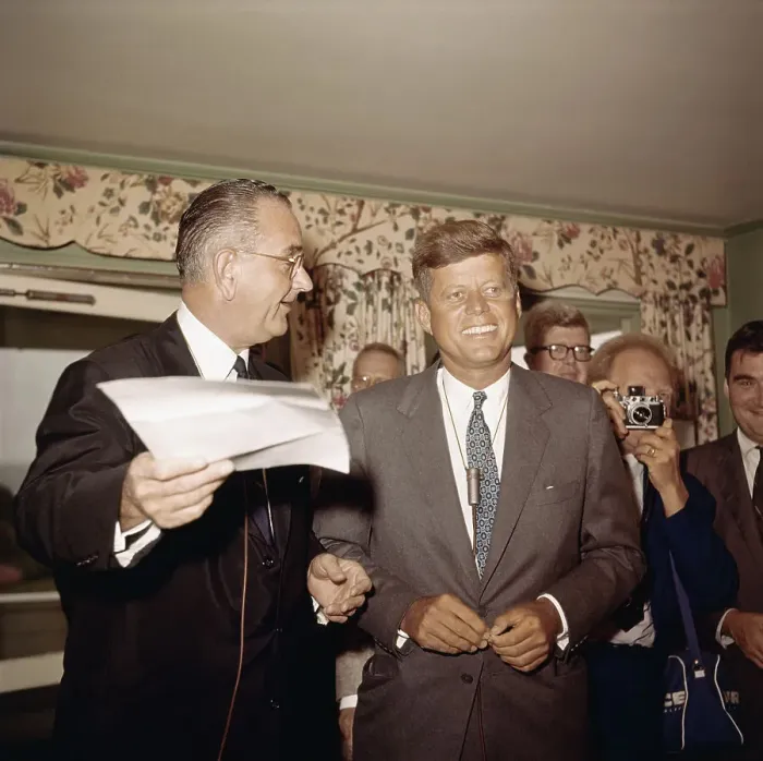 Framed Print : Senator John F. Kennedy and Lyndon B. Johnson with the Press Framed Print : Senator John F. Kennedy and Lyndon B. Johnson with the Press