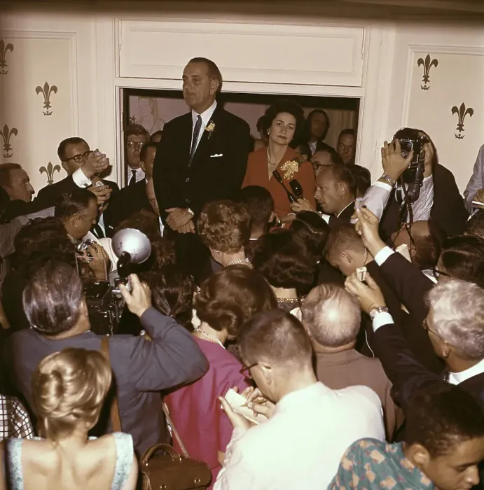 Framed Print : Senator Lyndon B. Johnson and Wife with the Press Framed Print : Senator Lyndon B. Johnson and Wife with the Press