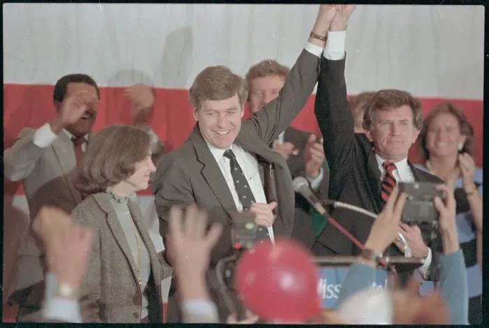 Framed Print : SenatorsTim Wirth and Gary Hart at Podium After Party Victory Framed Print : SenatorsTim Wirth and Gary Hart at Podium After Party Victory
