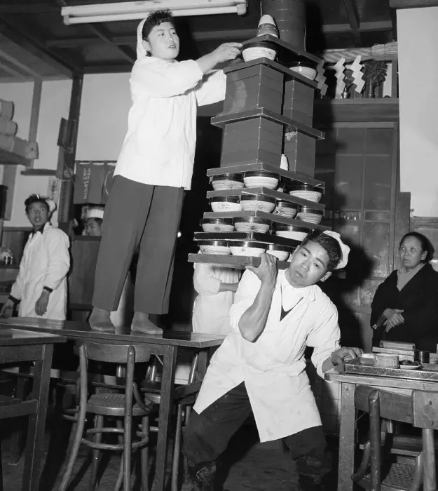 Framed Print : Senichi Okashita Balancing Tower of Noodle Bowls Framed Print : Senichi Okashita Balancing Tower of Noodle Bowls
