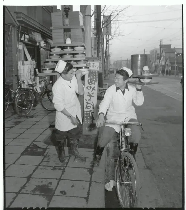 Framed Print : Senichi Okashita Carrying Tower of Noodle Bowls Framed Print : Senichi Okashita Carrying Tower of Noodle Bowls
