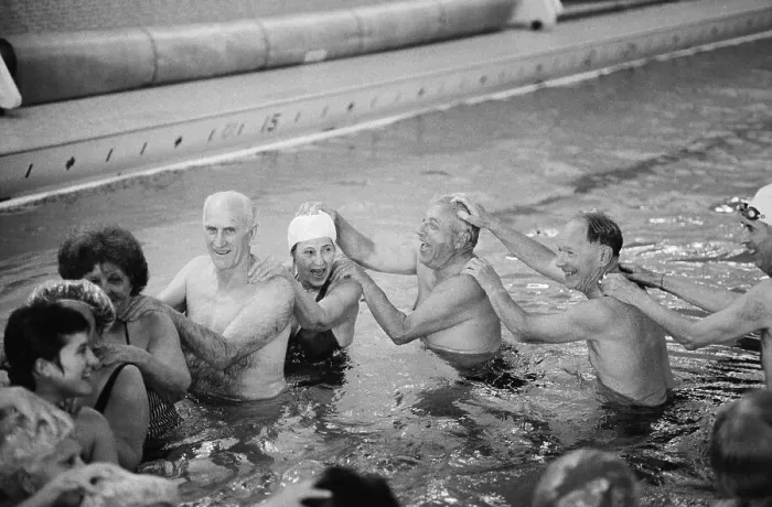 Framed Print : Senior Citizens Participating in Aquatic Classes, Copley Family YMCA, San Diego, California, USA. January 14, 1985