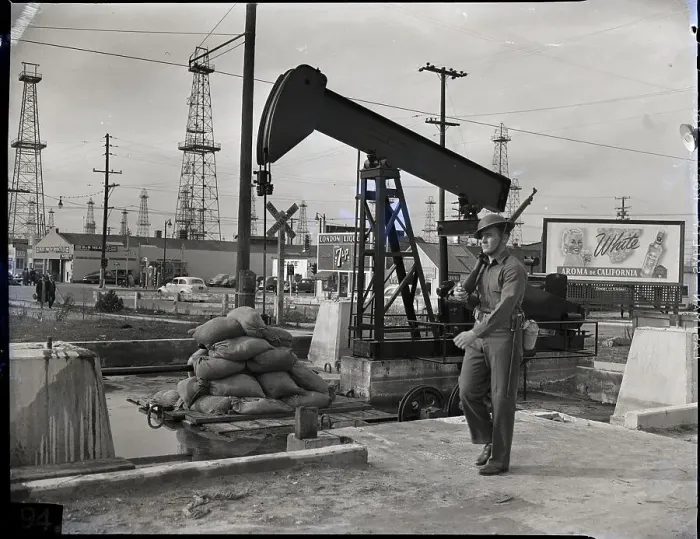 Framed Print : Sentry Guards Oil Well Pump - La, Ca 1941 Framed Print : Sentry Guards Oil Well Pump - La, Ca 1941