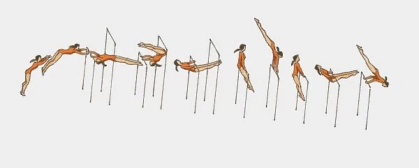 Sequence of illustration of female gymnast competing on horizontal bars