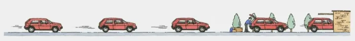 Framed Print : Sequence of illustrations of car approaching garage, man unloading car, and car entering garage Framed Print : Sequence of illustrations of car approaching garage, man unloading car, and car entering garage